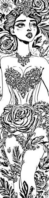 Free colorable bookmarks of a woman looking around in a fancy dress
